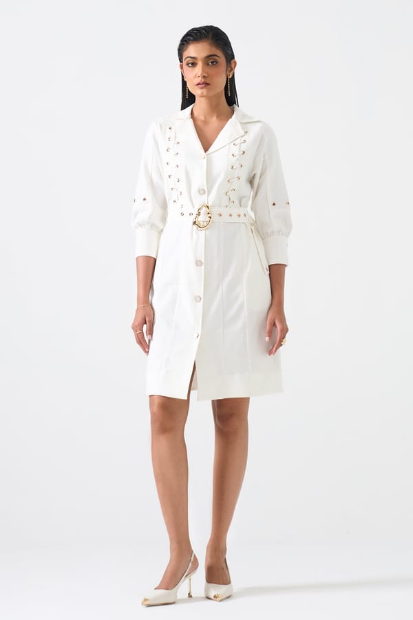 White Belted Shirt Dress with Gold Eyelet Details — STITCH STORIES