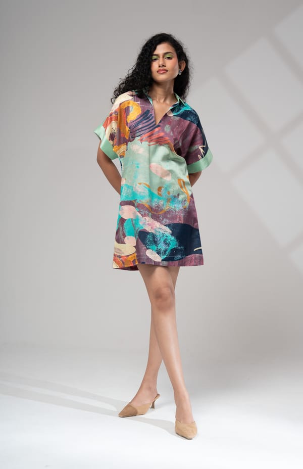 Multicolor Abstract Printed Satin Shift Mini Dress — ADVAIT