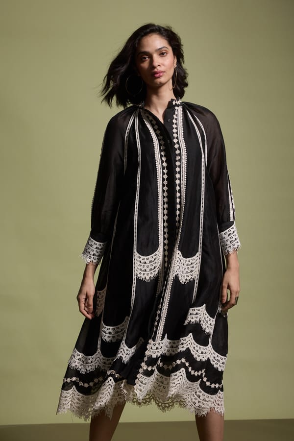 Black Lace Detail A-Line Midi Dress with Mandarin Collar — Dash and Dot