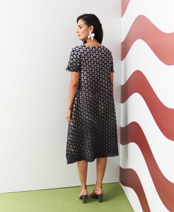 Black A-Line Midi Dress with 3D Pleated Motif — Pleats by Aruni