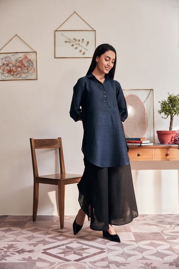 Dark Blue Linen Straight Kurta with High-Low Hem — YELL