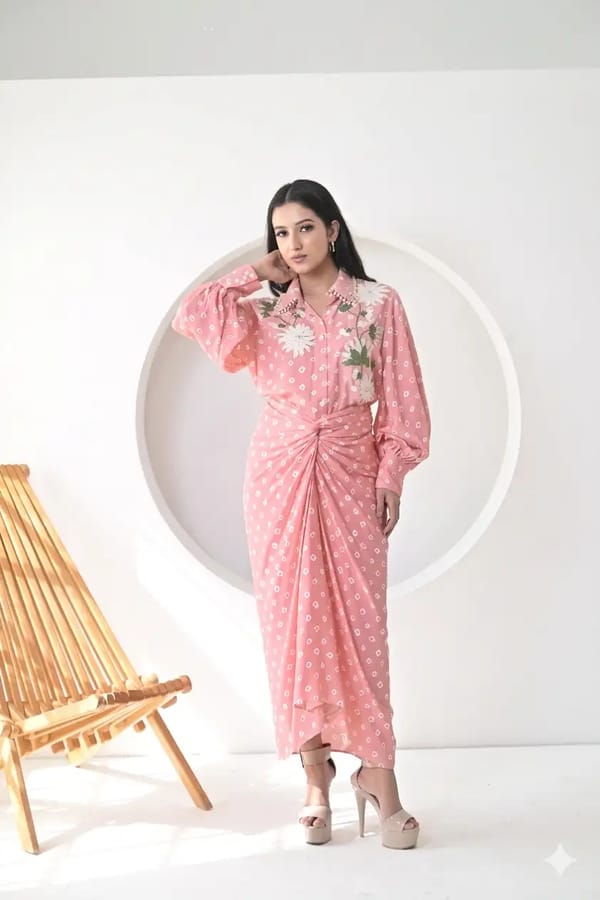 Powder Pink Printed Shirt and Draped Maxi Skirt Co-ord Set — RUCHIKA MALLIKA LABEL