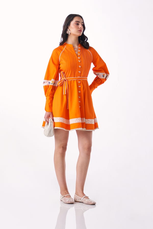 Sunset Orange Fit and Flare Mini Dress with Lace Trim — Our Love