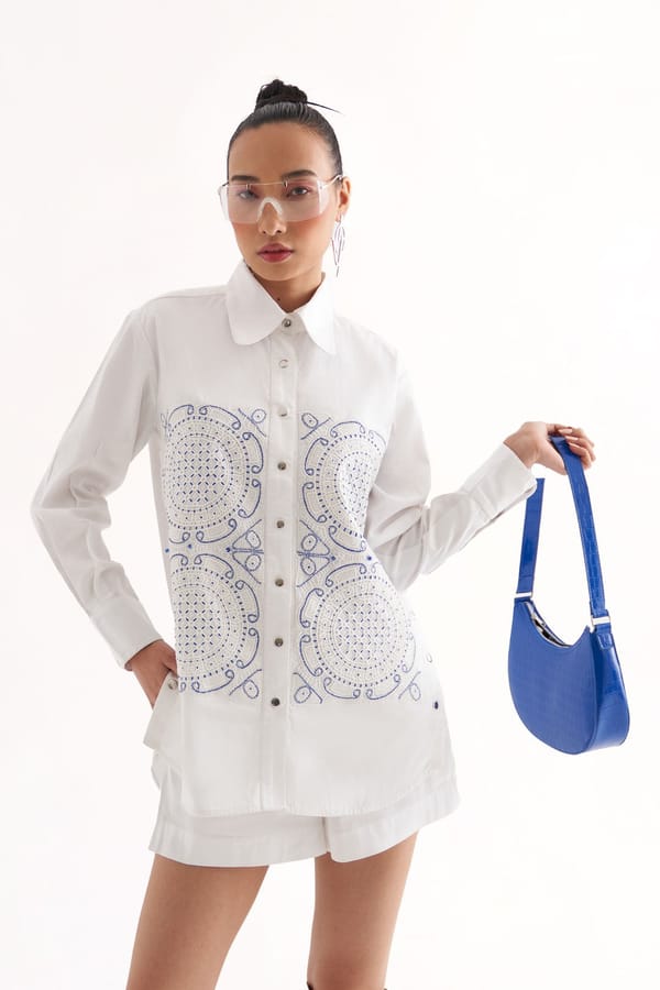 White Cotton Satin Shirt with Blue Lace Patchwork — Our Love
