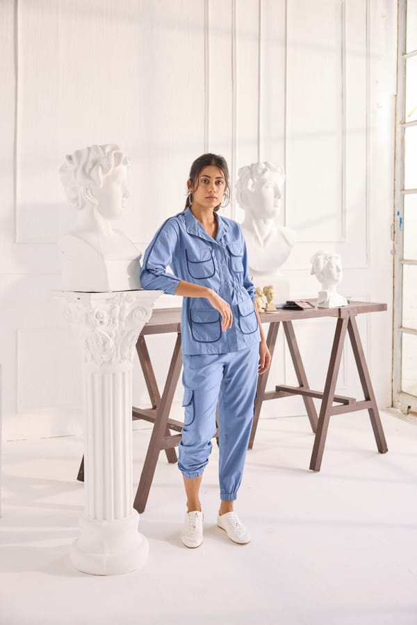 Denim Blue Utility Co-ord Set with Button-Down Top — Shivya K