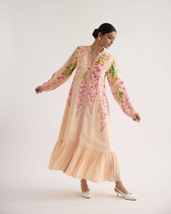 Peach Floral Printed Maxi Shirt Dress with Button Front — THE FINICKY COLORIST