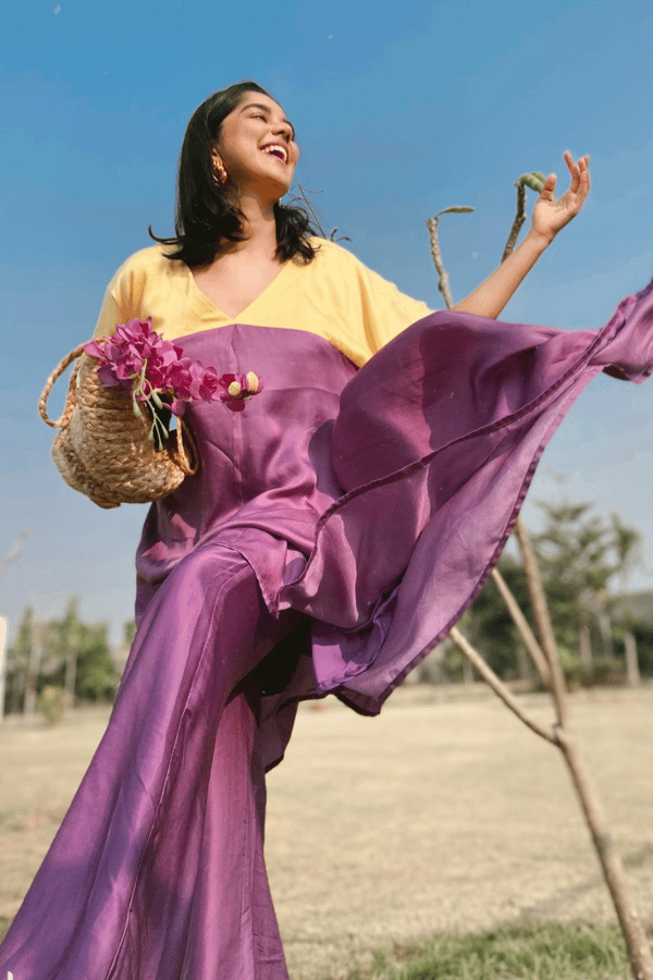 Purple Yellow Colorblocked Asymmetrical Kurta Set — Neora