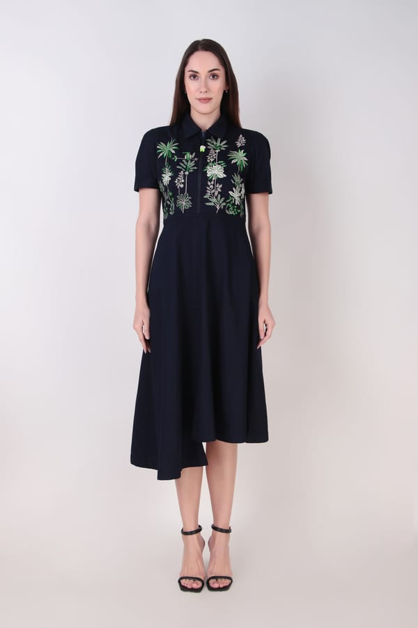 Navy Cotton Twill Embroidered Zip-Front Midi Dress — Our Love