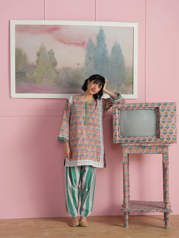 MARIGOLD SHORT EASY FIT KURTA WITH STRIPED SALWAR AND DUPATTA — TASHA INDIA