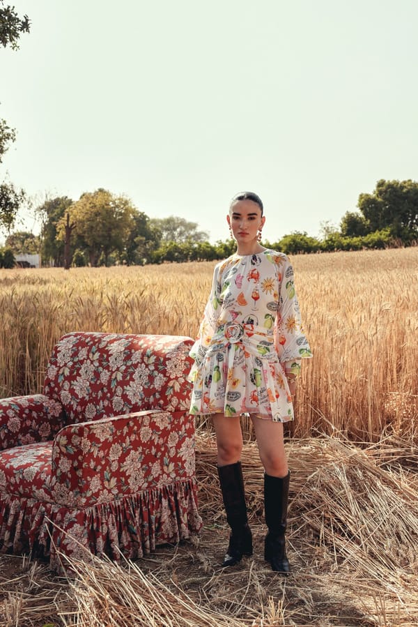 Blush Pink Printed Silk Mini Dress with Waist Rosette — BELONG