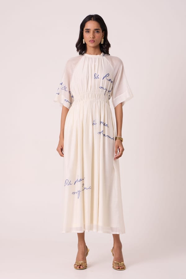 Arha White Hand Printed Ruched Dress — The Summer House
