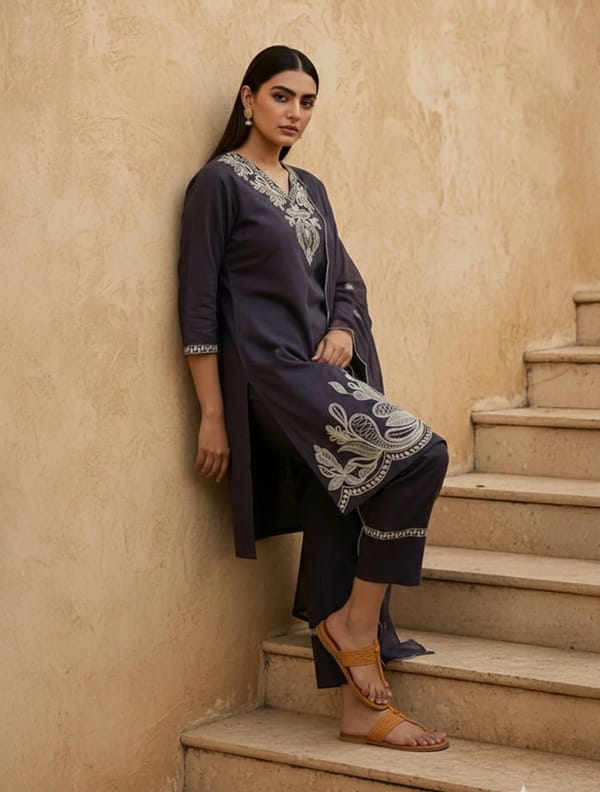 Embroidered Kurta Farsi Pant Dupatta Set — Truebrowns