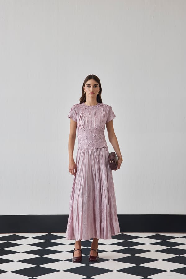 Nude Pink Appliqué Top and Maxi Skirt Co-ord Set — Pleats by Aruni