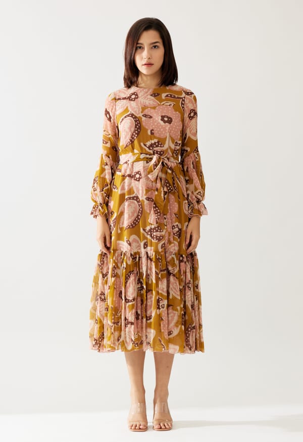 Mustard And Pink Floral Midi Dress — KoAi