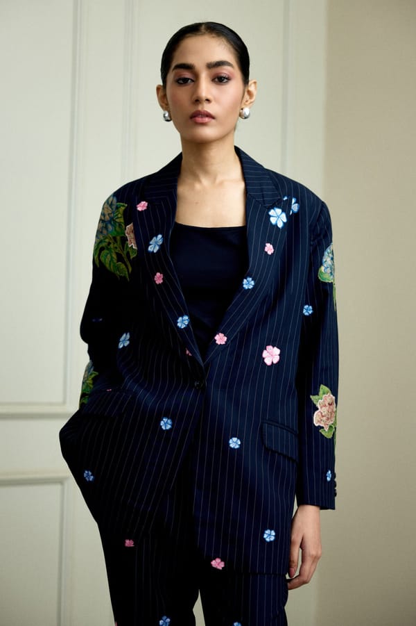 Navy Pinstripe Tailored Blazer with Floral Applique — THE FINICKY COLORIST