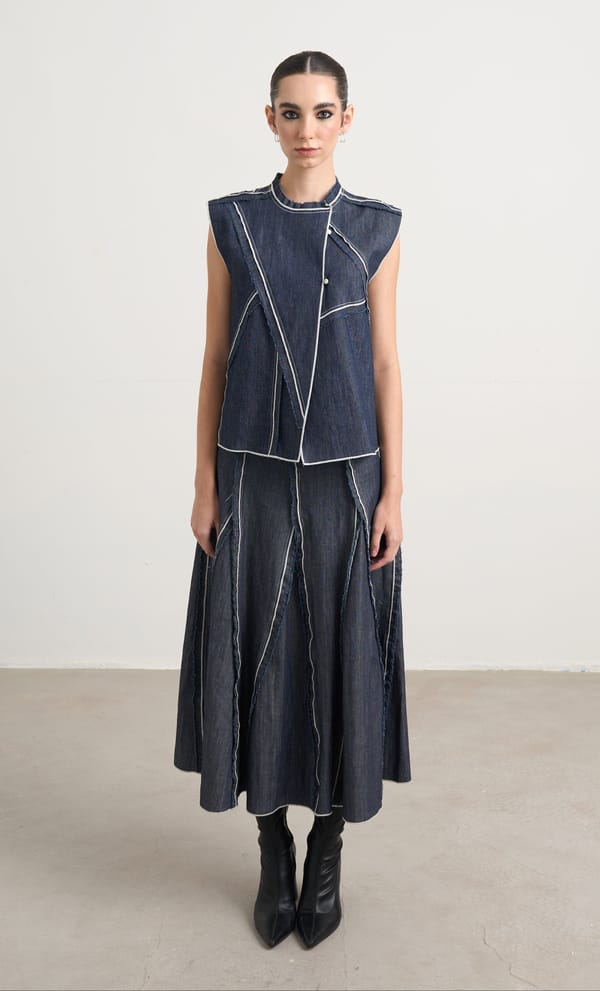 Blue Denim Panelled Maxi Skirt with Side Zip — Naka Teki