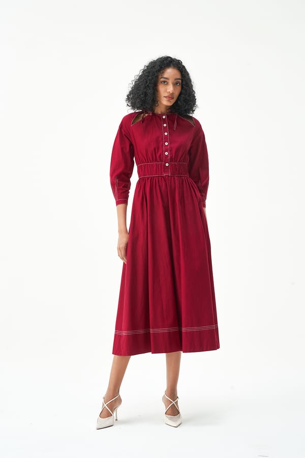 Wine Cotton Poplin Fit and Flare Midi Dress — NOTEBOOK