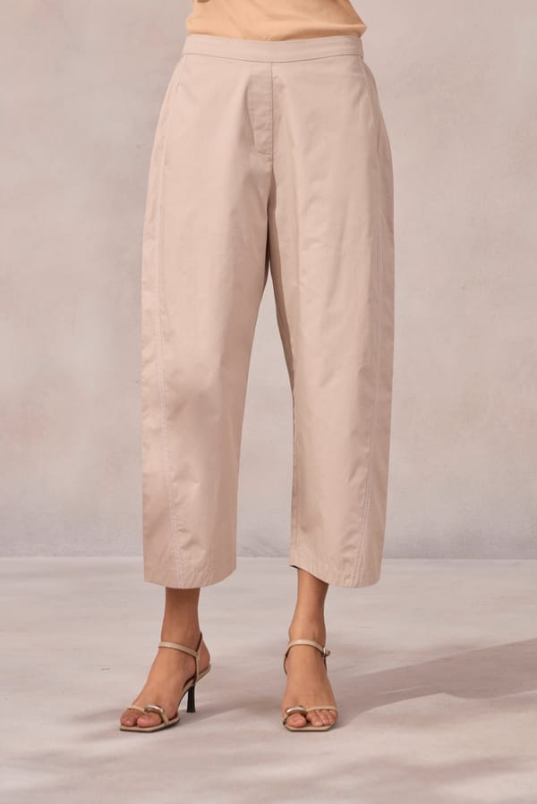 Ginger Beige Cotton Poplin Cropped Barrel-Leg Trousers — 63East