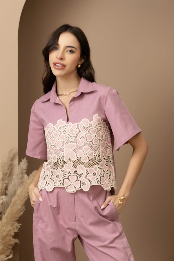 Coco Pink Denim Lace Crop Shirt — Rhe-Ana