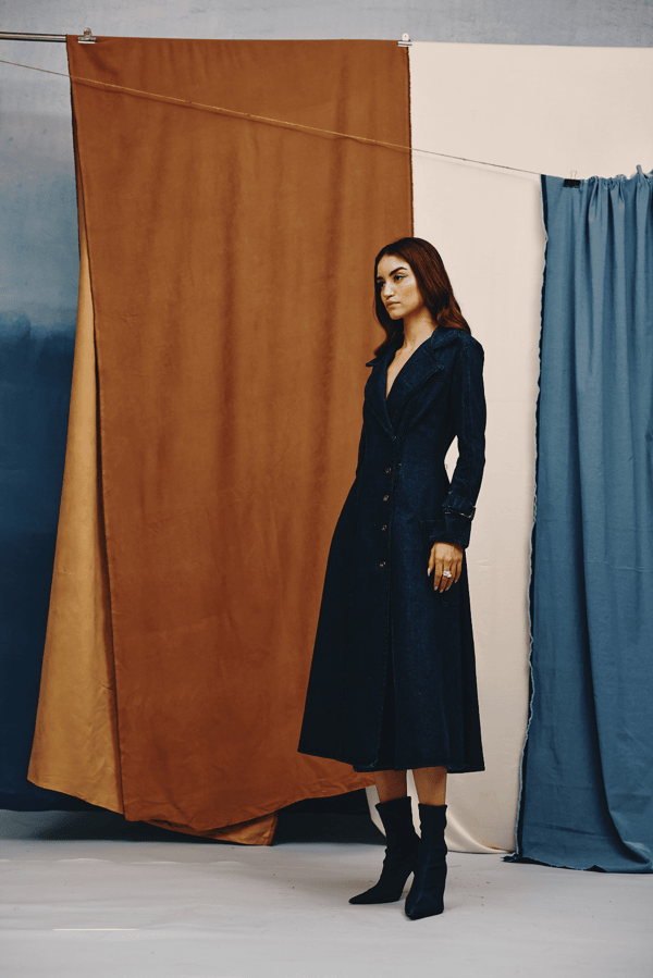Deep Indigo Denim Midi Dress with Asymmetric Button Front — quietBOLD