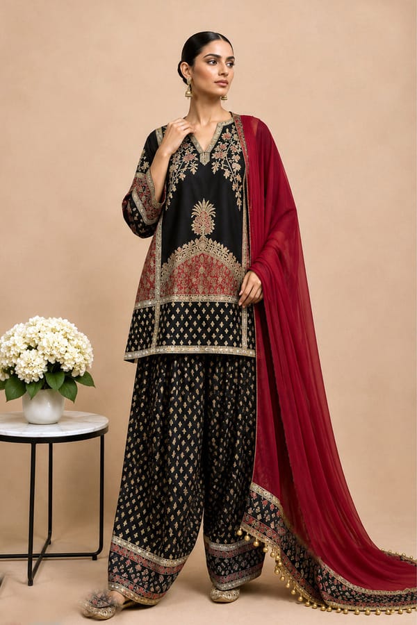 Black Crepe Short Kurta With Printed Farshi Pants And Dupatta — ISHUM By Karan Kapoor