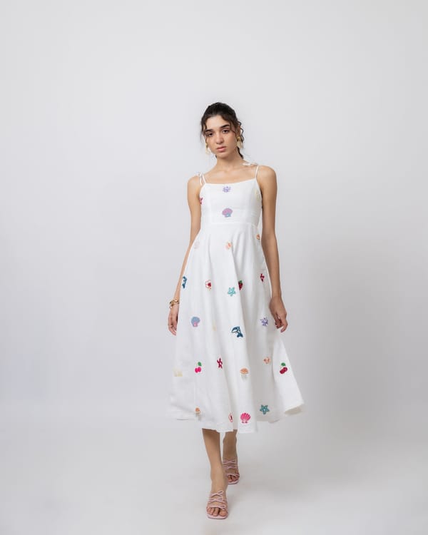 White Linen Hand-Beaded Fit and Flare Midi Dress — MAGIA