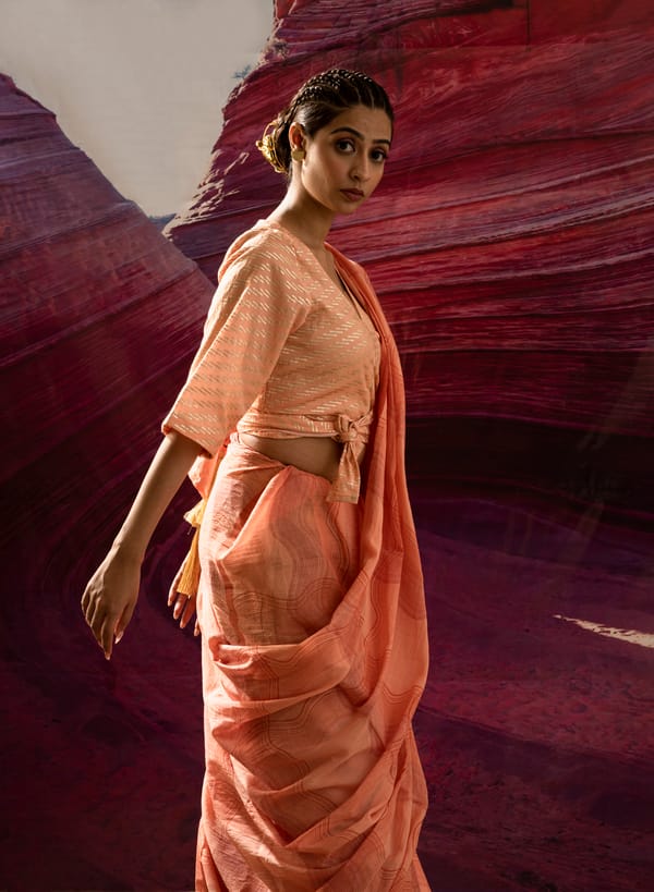 Peach Red Hand Block Printed Cotton Saree with Blouse Fabric — Banana Labs