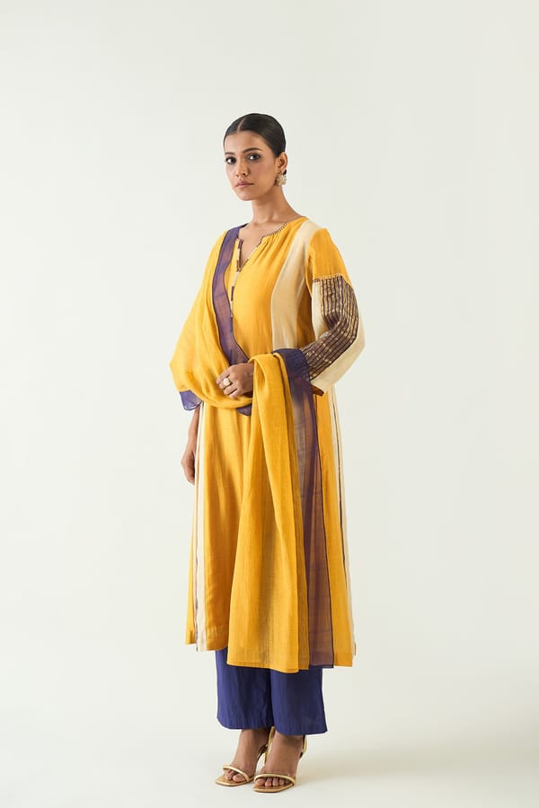 Isha: Cotton Kali Kurta set- Mustard and Purple — SHIVANI BHARGAVA