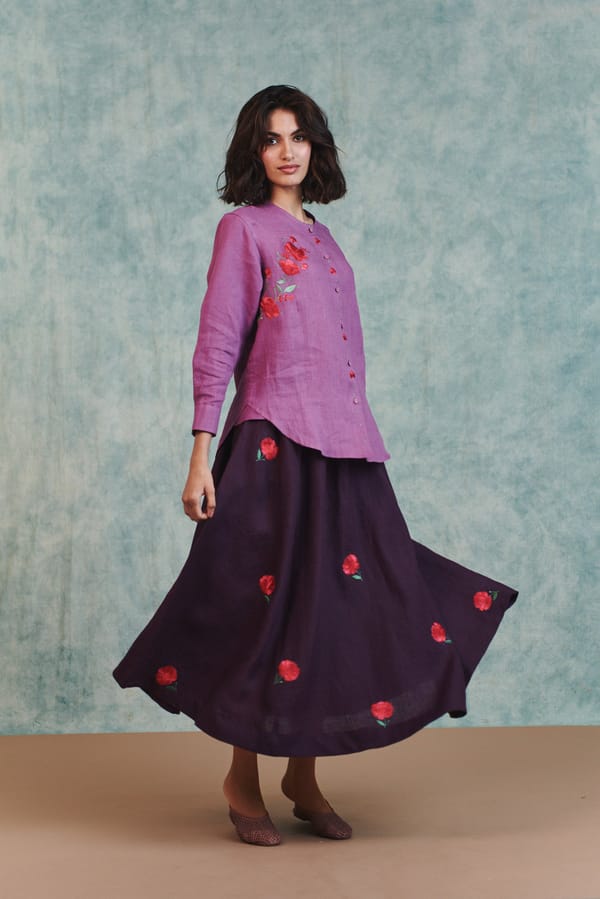 Berry Linen Embroidered Shirt and Plum Linen Flared Skirt Set — Saphed