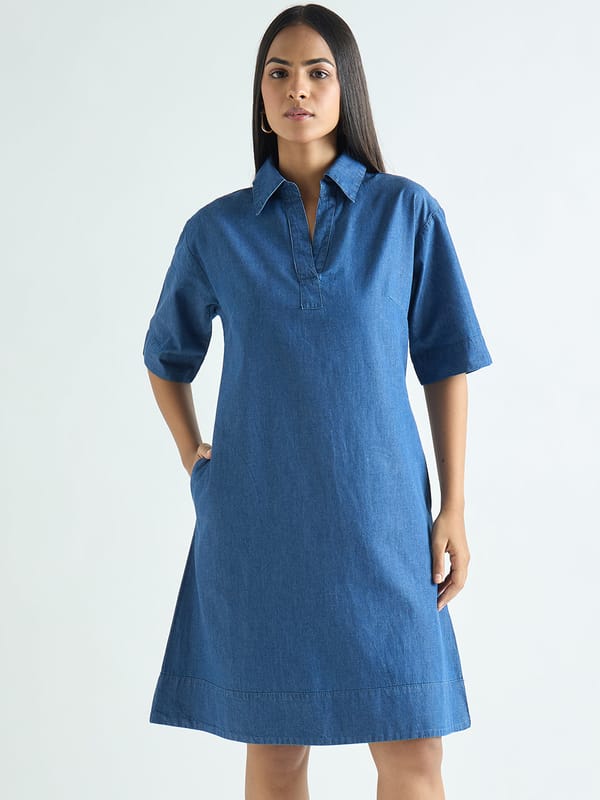 DenimLite Navy Knee Length Dress — Femmella
