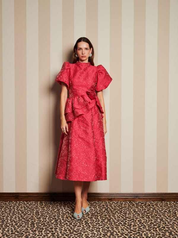 Pink Floral Jacquard Puff Sleeve Midi Dress — SISTER JANE