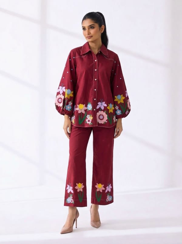 Wine-Red Floral Hem Shirt and Wide-Leg Co-ord Set — RUCHIKA  MALLIKA LABEL
