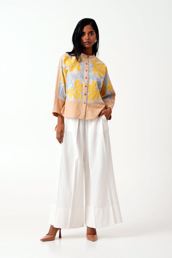 Latte Applique Top and White Wide-Leg Pants Co-ord Set — Madder Much