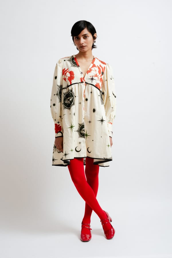 White/Red Celestial Print Smock Mini Dress — White Saturn