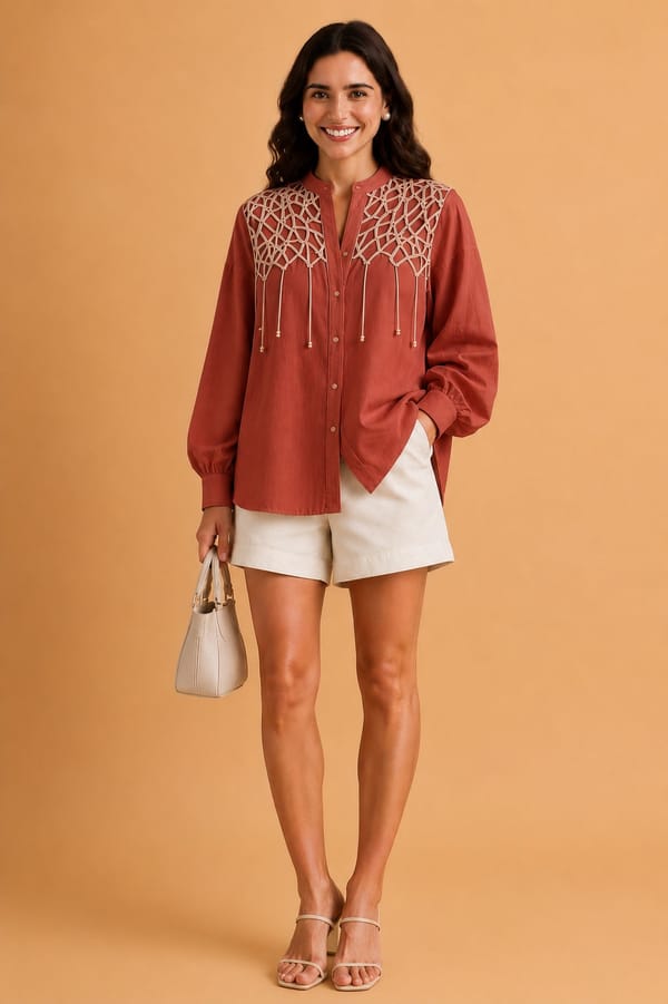 Brick Red Lattice Yoke Cotton-Linen Shirt — ANISETTE