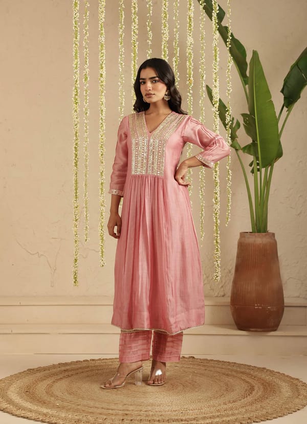 Dusty Pink Coin Work Kurta Pant Set — Gulabik