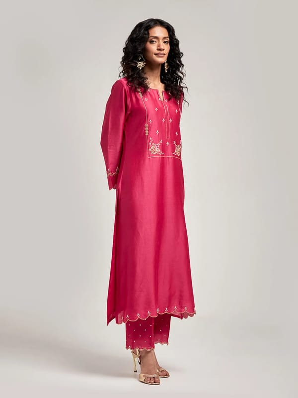Fuchsia Silk Chanderi Embroidered Yoke Straight Kurta — Anantaa