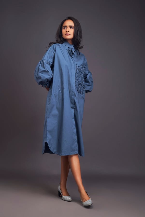 Blue Cotton Oversized Shirt Dress with Embroidered Pocket — Deepika Arora