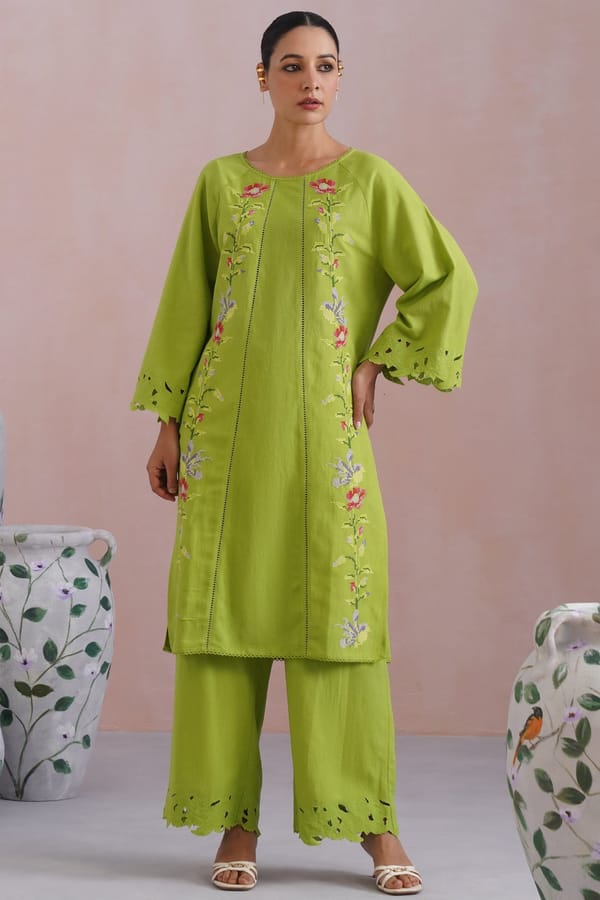 Cross Stitch Embroidered Kurta Set With Cutwork Detailing — KORAH STITCH