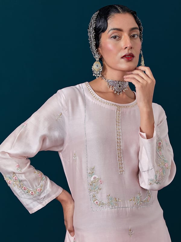 Pink Silk Chanderi Embroidered Straight Kurta — Anantaa