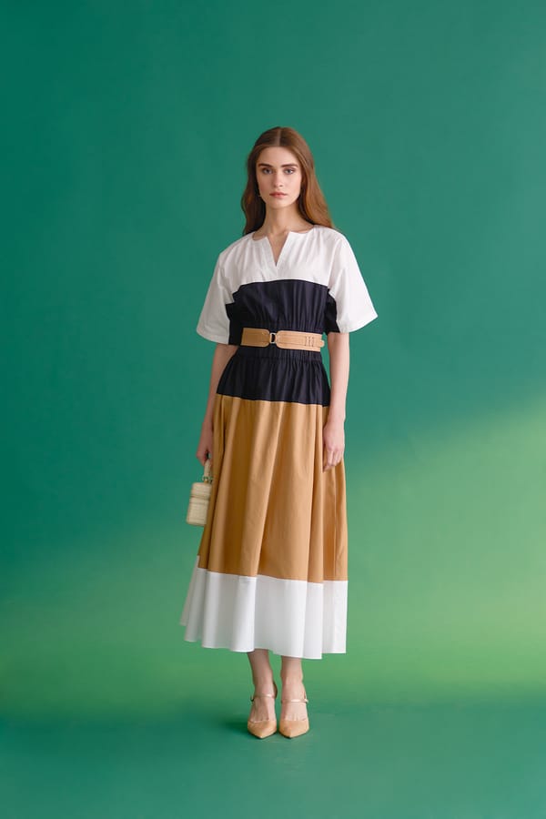 White Black Beige Colorblock Midi Shirt Dress with Belt — NOTEBOOK