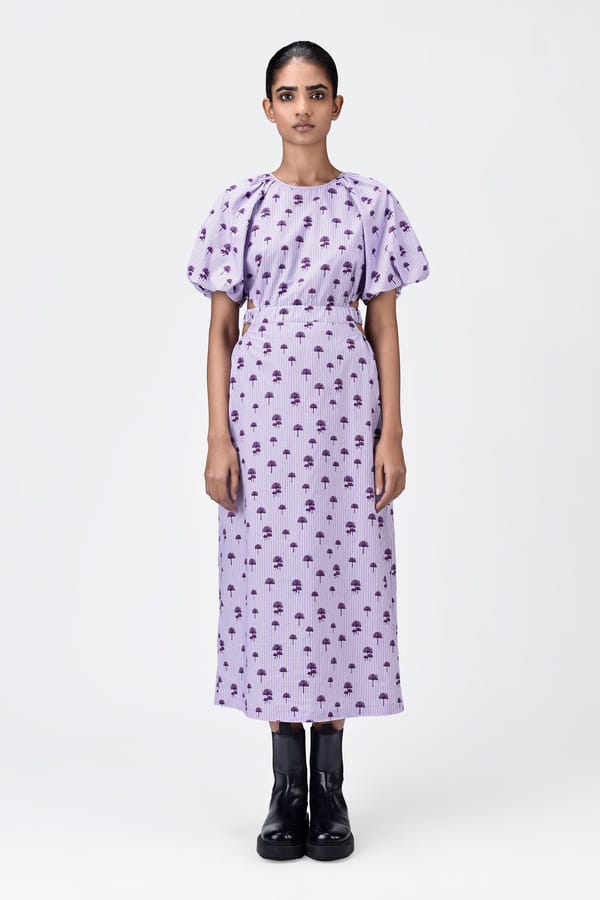 Amethyst Palm Print A-Line Midi Dress with Raglan Sleeves — Genes Lecoanet Hemant