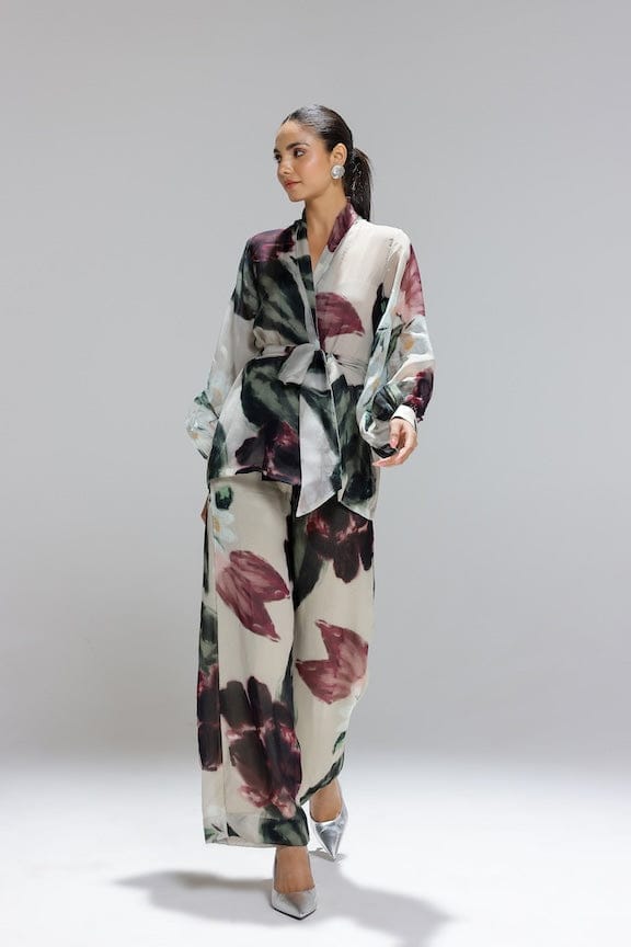 Organza Printed Wrap Jacket and Wide-Leg Pants Co-ord Set — STUDIO SURBHI