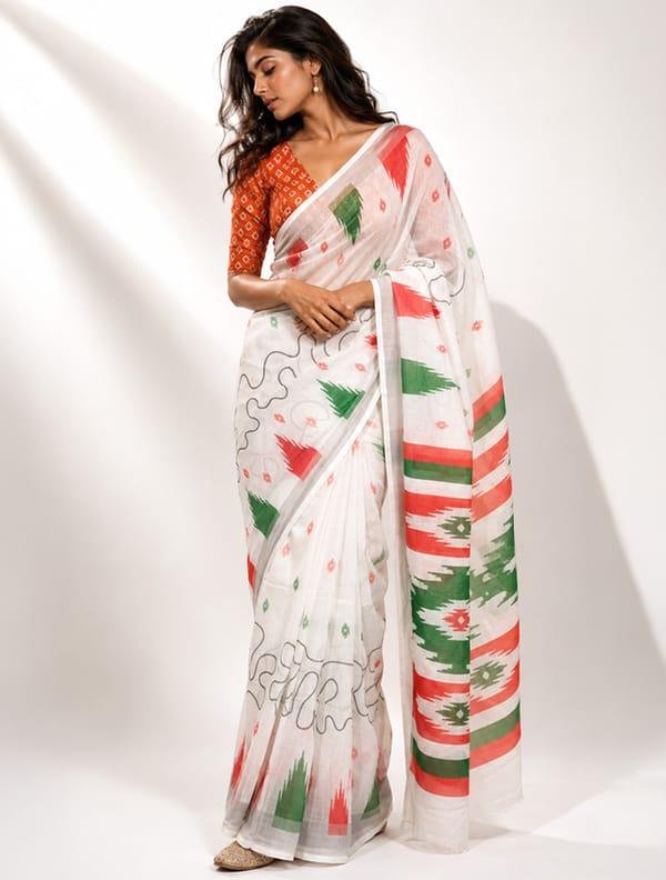 Ikat print Independence Day Saree With Unstitched — Truebrowns