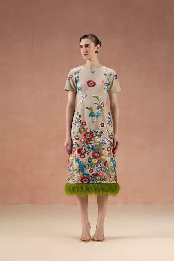 Cream Floral Embroidered Feather Midi — Label IRIS