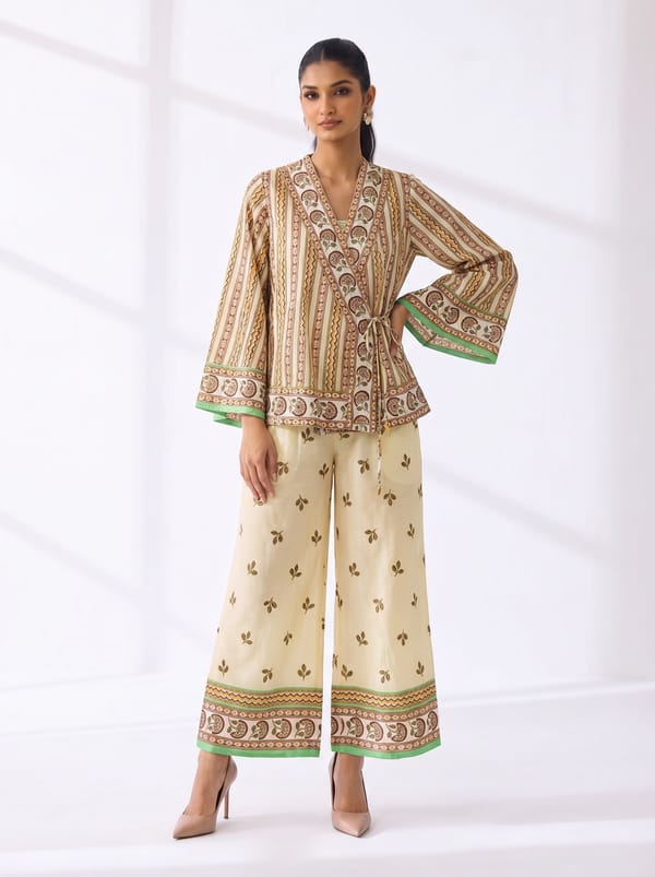 Beige Printed Wrap Top and Wide-Leg Co-ord Set — SOUP by Sougat Paul