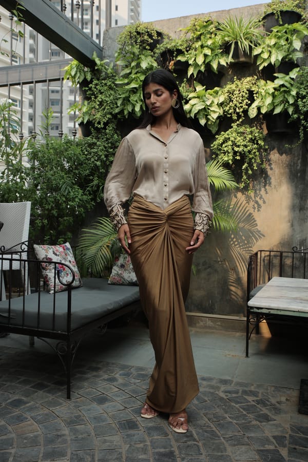 Ivory Shirt and Bronze-Gold Maxi Skirt Co-ord Set — Isha Sawhney