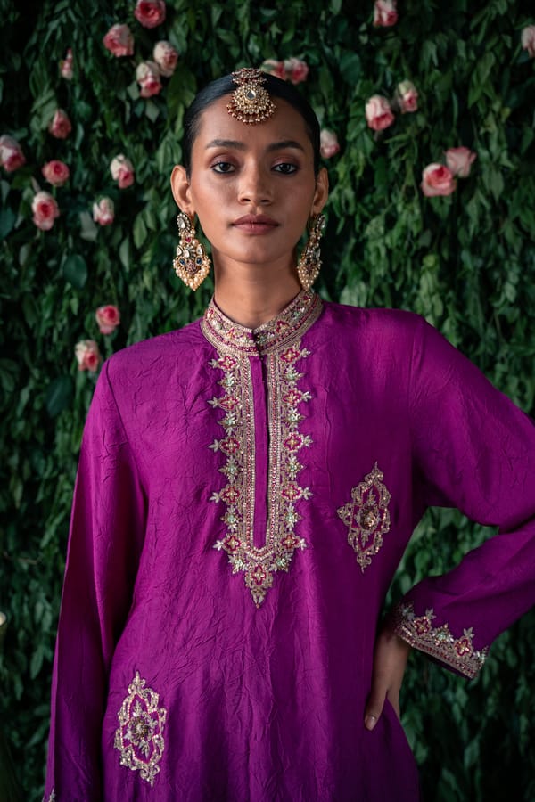 Mauve Embroidered Straight Kurta Set with Dupatta — Pooja Singhal