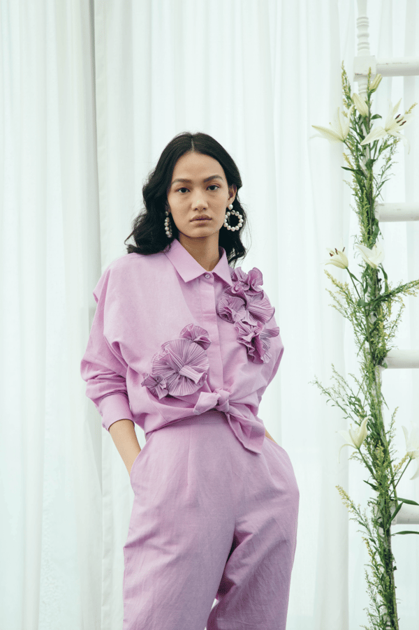 Purple Linen Shirt with Pleated Floral Applique — Pleats by Aruni