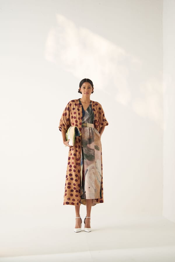 Mustard Polka Dot and Abstract Panel A-Line Kurta — Ofrida